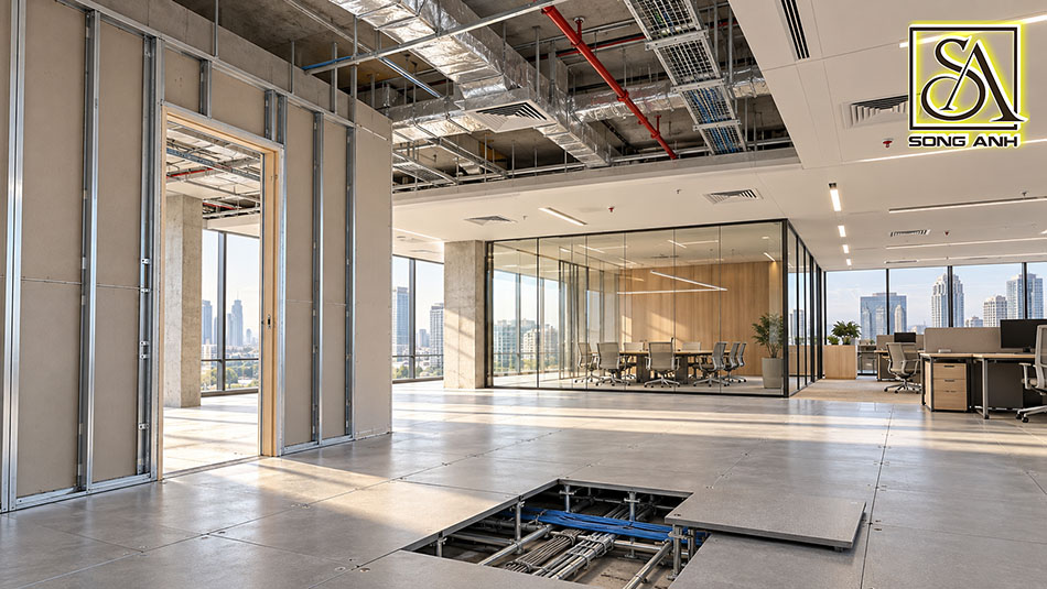 fit out tầng văn phòng với vách ngăn, sàn nâng và hệ thống kỹ thuật trên trần.